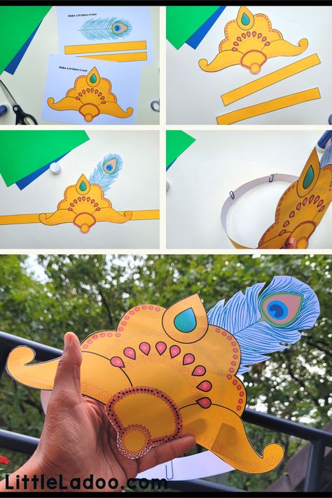 Printable Krishna Crown How To Celebrate Janmashtami, Janmashtami Craft, Krishna Crown, Janmashtami Celebration, Crown Template, Janmashtami Decoration, Headband Crafts, Art Kits For Kids, Crown For Kids