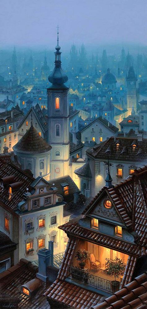 Prague (Prag). Town Art Illustration, Night Window Illustration, Rundown Neighborhood, City Night Illustration, City At Night Drawing, Night City Illustration, Neighborhood At Night, Town Illustration, Town At Night