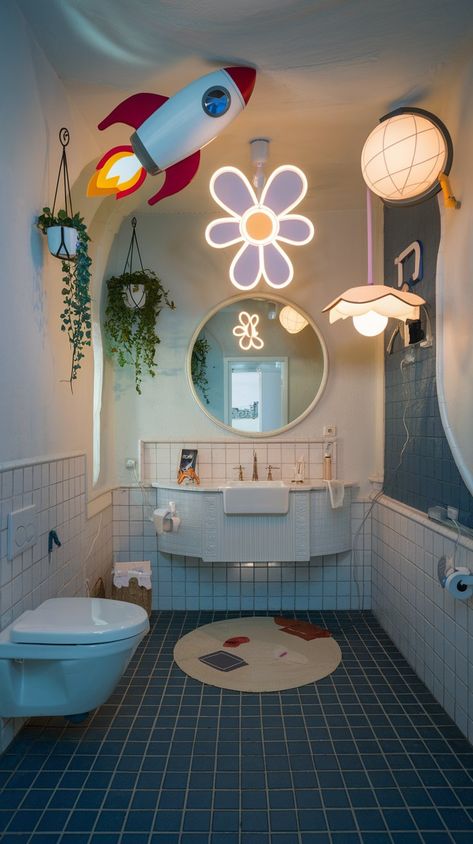 Whimsical Kids Bathroom Ideas with Fun Themes Bathroom For Kids, Funky Bathroom Ideas, Kids Bathroom Ideas, Couple Apartment, Funky Bathroom, Bathroom Theme, Colorful Tiles, Fun Bathroom, Functional Bathroom