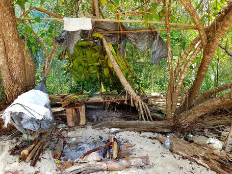 This is our shelter from our four day survival trip on a deserted tropical island off the coast between Malaysia and Thailand. We went here with nothing but a knife, a flint and a machete. Desert Island Survival, Deserted Island Survival, Island Survival Aesthetic, Stuck On A Deserted Island Aesthetic, Stranded On An Island Aesthetic, Deserted Island Aesthetic, Stranded Island, Pig Man, Survival Island