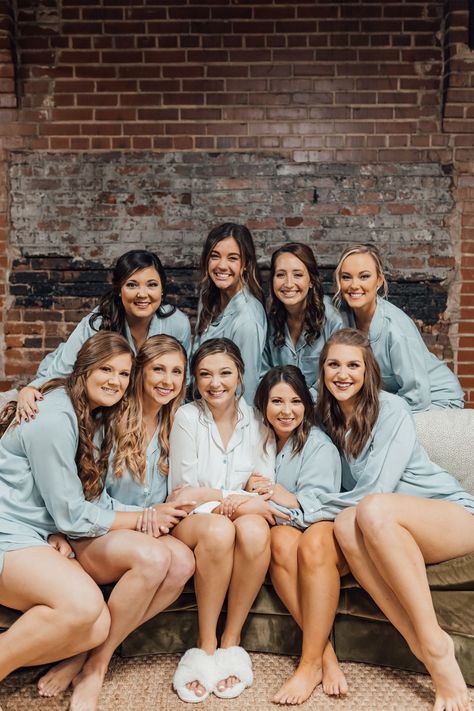 While getting ready, you want your girls to match! Whether you prefer robes, PJs, or button-ups, make sure you and your girls are comfy & cute! 💙#MarmarosProductions Venue: The Factory at Walton Mill Photographer: Loveleigh Co. Blue Bridesmaid Pjs, Getting Ready Robes, Light Blue Bridesmaid, Bridesmaid Pjs, Matching Bridesmaids, 2025 Wedding, December Wedding, Wild Hair, People Fall In Love