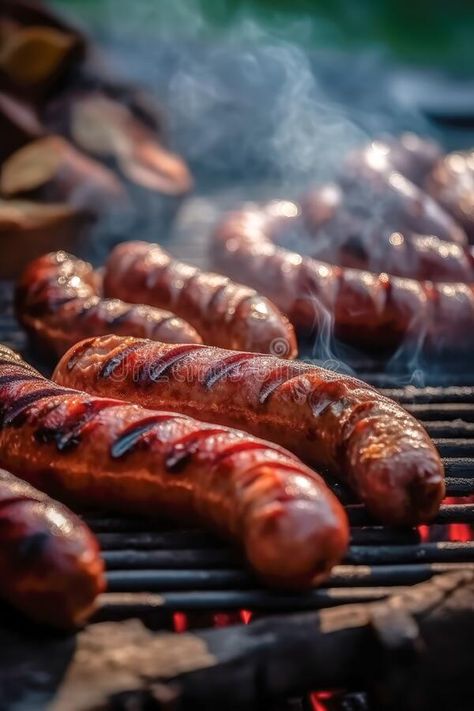 Appetitive grilled sausage on the flaming grill. Delicious crisp sausages. Space for text. Generative AI royalty free stock images Sausage Aesthetic, Grilled Hotdogs, Grill Photography, Grill Sausage, Bbq Pics, Food Staging, Grilling Hot Dogs, Formula Recipes, Meat Steak