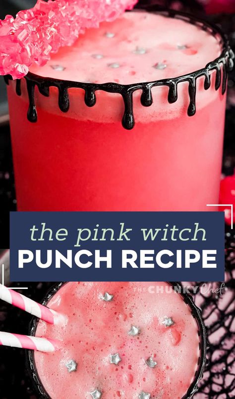 This sweet and fun drink is great for Halloween, Valentine's day and more! Easy to make, fun to drink, and can easily be turned into a cocktail if you wanted. #drink #halloween #pink Pink Halloween Cocktails, Pink Halloween Drink, Halloween Drinks Kid Friendly, Witch Punch, Gothic Drinks, Pink Alcoholic Drinks, Pink Punch Recipes, Fun Halloween Drinks, Haunted Party