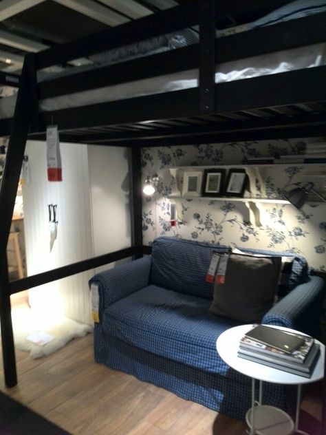 Couch under bunk Bunk Bed Sofa Under, Loft With Couch Underneath, Bunk Bed Couch Under, Den Under Bed, Couch Under Loft Bed, Bunk Bed Couch, Loft Bed With Couch, Small Room Inspo, Bunker Bed