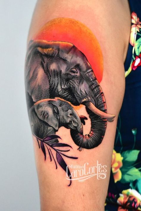 Elephant Tattoos Color, Realistic Elephant Tattoo, Colorful Elephant Tattoo, Elephant Family Tattoo, Cute Tattoo Ideas, Elephant Calf, Left Arm Tattoos, Cool Nature, African Tattoo