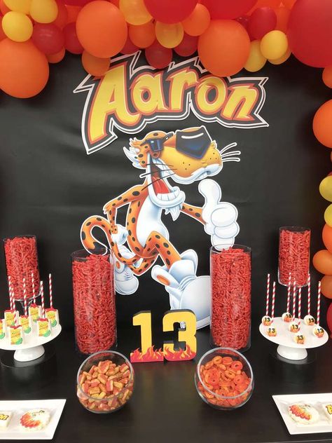 Hot Cheetos Theme Party, Hot Cheeto Bar Party, Taki Birthday Party Ideas, Hot Cheetos Bar, Hot Cheetos Birthday Theme, Takis Birthday Party Theme, Hot Cheetos Party, Flamin Hot Cheetos, Suprise Birthday