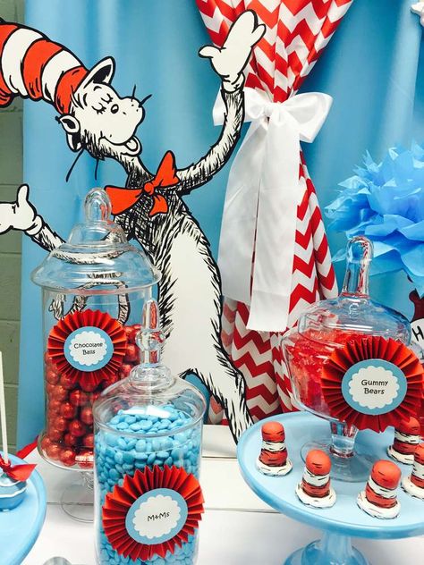 "Cat in the Hat" Baby Shower  | CatchMyParty.com Dr Seuss Decorations, Dr Seuss Party Ideas, Twins Party, Cat In The Hat Party, Boy Shower Themes, Cat Baby Shower, Dr Seuss Birthday Party, Dr. Seuss, Dr Seuss Baby Shower