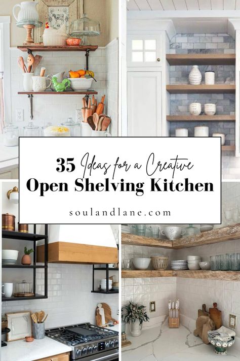 Fall in love with the simplicity and charm of open shelving in the kitchen, a design trend that marries form and function beautifully. Embrace open shelves to showcase your favorite dishes, glassware, and unique kitchen finds, turning everyday items into decor. Opt for natural wood shelves to add warmth and texture to your space, or go for sleek, white shelves for a clean, modern look. Experiment with mixed materials, like metal brackets with wooden planks, for an industrial edge. Small U Shaped Kitchen Open Shelving, Open Shelf Lower Kitchen Cabinets, Kitchen Ideas With Open Shelves, Kitchen Design With Open Shelves, Wall Of Open Shelving, Open Shelf Kitchen Ideas Farmhouse, Minimalist Kitchen Open Shelving, Dinnerware On Open Shelving, Open Shelves Above Sink