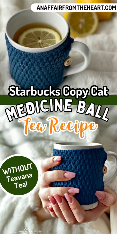 Hand holding a mug full of this copycat Starbucks Medicine Ball tea. Starbucks Cold Buster Tea Recipe, Copycat Starbucks Medicine Ball Recipe, Copycat Starbucks Medicine Ball Tea, Starbucks Sick Tea, Diy Starbucks Medicine Ball Tea, Diy Medicine Ball Starbucks, Starbucks Medicine Ball Tea Recipe, Starbucks Recipes Tea, Tea For Colds Remedies