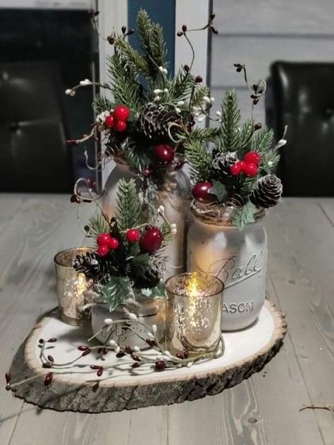 Christmas Centerpieces Mason Jars, Mason Jar Winter Centerpieces, Winter Mason Jar Centerpieces, Christmas Mason Jars Centerpieces, Lit Centerpieces, Mason Jar Christmas Centerpieces, Crafts With Mason Jars, Mason Jar Center Piece, Christmas Logs