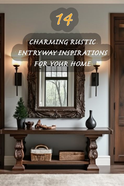 I'm absolutely in love with these rustic entryway designs! They perfectly blend charm and functionality, creating a warm welcome for anyone who steps inside. This space features a stunning, intricately framed mirror that adds elegance, while the wooden table showcases beautiful textures. The greenery and decorative accents make it feel inviting and homey. Ideal ideas for transforming your own entryway! Cabin Foyer Entrance, Industrial Entryway Ideas, 2 Story Entryway, Rustic Entryway Ideas, Entryway Designs, Cottage Entryway, Rustic Foyer, Foyer Entrance, Rustic Ideas