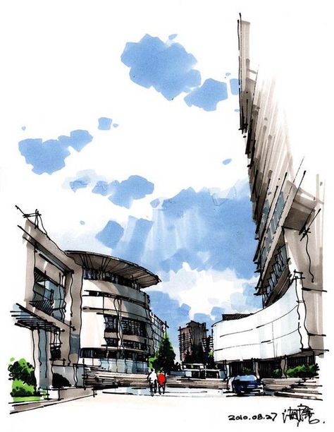 Illustration Manga, Architecture Sketchbook, Interior Sketch, Architectural Sketch, Perspective Drawing, Architecture Rendering, Sketch Markers, Landscape Drawings, Coloring Markers