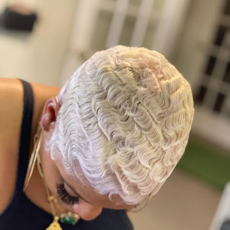 Colorful Fingerwaves, Short Blonde Pixie Black Women, Short Platinum Blonde Hair Black Women, Short Platinum Hair, Bald Baddie, Pixie Cut Black Women, Finger Waves Short Hair, Platinum Blonde Pixie, Blonde Natural Hair