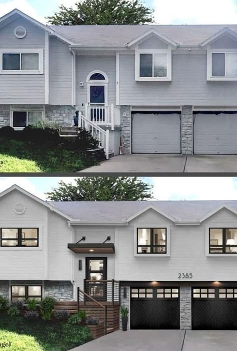 Front To Back Split Level House Exterior Remodel, Bilevel Front Porch Ideas, Exposed Foundation Ideas, Remodel Split Level Home Exterior, White Split Level House, Exterior Renovation Split Level, House Facelift Exterior Split Level, Split Entry Remodel Exterior, Split Level Remodel Exterior