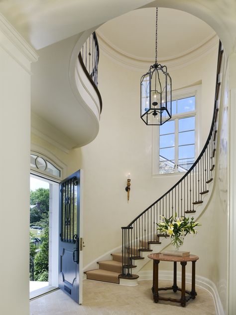 Classical French Foyer  Foyer  French Provincial by Barnes Vanze Architects, Inc French Foyer, Interior Balcony, House Mediterranean, Sala Grande, Foyer Chandelier, Entryway Lighting, Foyer Lighting, Foyer Decorating, Staircase Chandelier