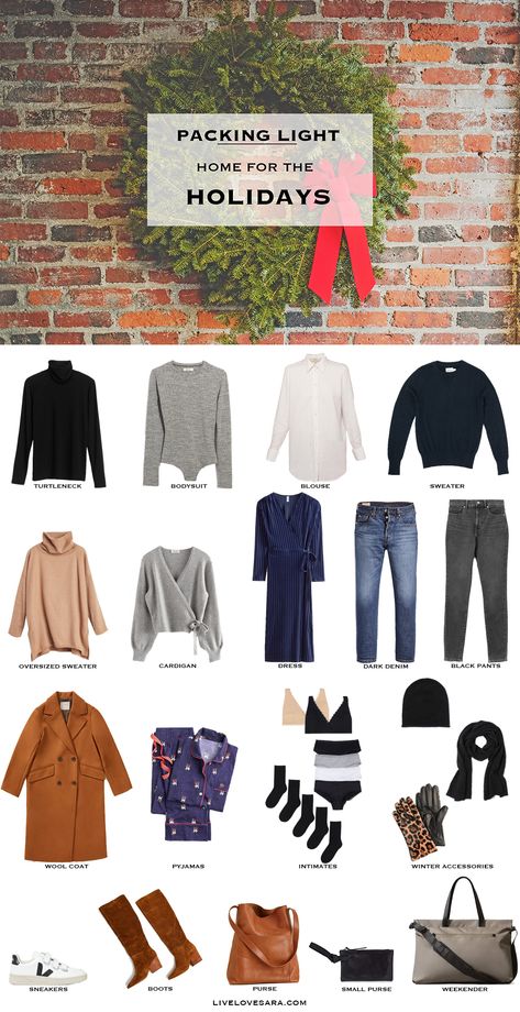 Whether you are heading home for the holidays or taking a mini break to the city in search of a white Christmas you are probably wondering what the right amount of clothes to pack would be. Holiday Packing Lists, J Crew Pajamas, Holiday Capsule Wardrobe, Winter Packing List, Proper Attire, Holiday Packing, Travel Capsule, Travel Capsule Wardrobe, Winter Packing