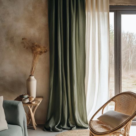 Green Curtains Living Room, Green Curtains Bedroom, Olive Green Curtains, Sage Green Curtains, Green Sheer Curtains, Curtain Green, Curtains Linen, Green Drapes, Layered Curtains