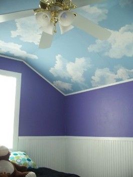 Pisces Nursery, Clouds On The Ceiling, Ghibli Nursery, Cloud Ceiling, Sky Ceiling, White Wainscoting, Roof Paint, Ceiling Painting, Blue Ceilings