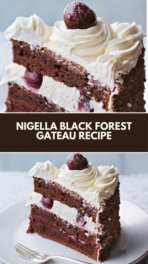 This delicious Black Forest Gateau is a show-stopping dessert that’s both creamy and indulgent. Perfect for celebrations, this easy recipe lets you use common ingredients like cherries and chocolate to create a rich, layered cake that everyone will love. Treat your guests to a slice of this classic delight! Black Forest Gateau Recipe, Blackforest Cake Recipes Easy, Chocolate Gateau Cake, Nigella Lawson Desserts, Nigella Recipes, Italian Christmas Cake, Black Forest Cake Recipe, Nigella Lawson Recipes, Black Forest Gateau