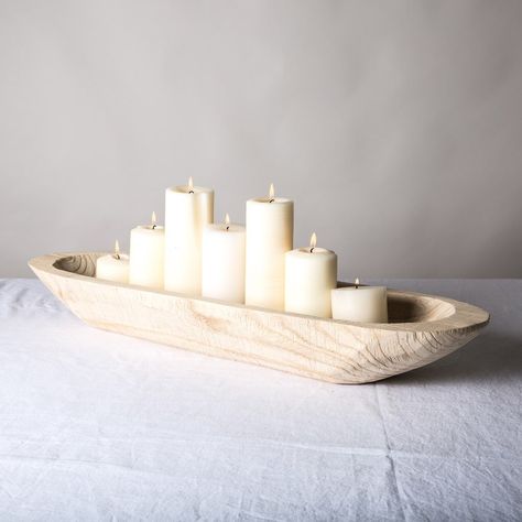 Candle Tray Ideas, Candle Centerpieces For Home, Diy Natural Candles, Dough Bowl Centerpiece, Candles Flowers, Dining Room Centerpiece, Inside Decor, Candle Carving, Chip And Joanna Gaines