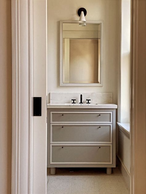 Powder Vanity Ideas, Bathroom Millwork, Upstairs Apartment, Cottage Architecture, Chicago Vacation, European Modern, Bathroom Layouts, Bathroom Oasis, Timeless Bathroom