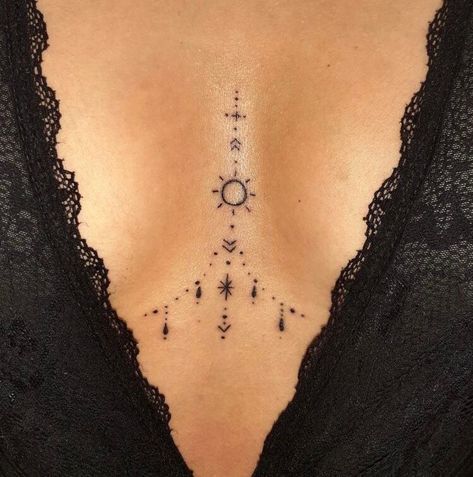 Chandelier Tattoos For Women Chest, Tattoos In The Middle Of Chest Women, In Between Breast Tattoos For Women, Tattoo Breastbone Women, In Between Chest Tattoo Female Simple, Inbetween Breast Tattoo Ideas, Tattoo Middle Of Chest Women, Dainty Sternum Tattoo, Tattoo Ideas Sternum