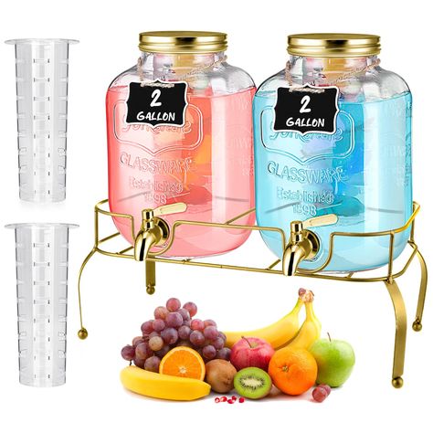 PRICES MAY VARY. Package Includes: this cold beverage dispensers with spigot contains 2 pieces of 2 gallon drink dispensers, 2 pieces gold 304 stainless steel spigots, 2 pieces ice cylinders, a metal bracket, and is equipped with 2 pieces of hanging chalkboard signs, retro classic mason jar design, especially good decoration for your space for different occasions Large Capacity: the drink dispensers have a large capacity of about 2 gallons / 8 liters, about 12.6 inches / 32 cm high, about 7.87 i Glass Water Dispenser, Glass Drink Dispenser, Hanging Chalkboard Sign, Laundry Detergent Dispenser, Mason Jar Drinks, Juice Dispenser, Glass Beverage Dispenser, Hanging Chalkboard, Mason Jar Design