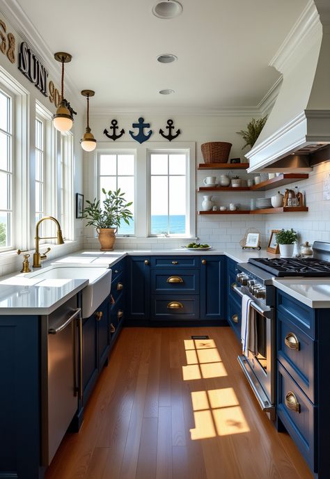 Coastal Kitchen Design,Coastal Kitchen Ideas,Modern Coastal Kitchen,Beachy Kitchens,Coastal Kitchens,Coastal Farmhouse Kitchen,Modern Coastal Farmhouse,Coastal Chic Kitchen Nautical Theme Kitchen, Navy Coastal Kitchen, Navy Blue And White Kitchens, Costal Kitchen Aesthetic, Sea Blue Kitchen, Nautical Kitchen Ideas, Nautical Apartment, Lake House Kitchen Ideas, Kitchen Coastal Style