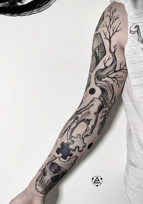 Awesome Black And Gray Sleeve Tattoo Black And Grey Arm Tattoos, Black And Grey Patchwork Sleeve Tattoo, Black And White Patchwork Tattoo, Black And White Forearm Tattoo, Black And White Sleeve Tattoo, Jake Tattoo, Black Gray Tattoo, Black And Gray Tattoo, Black And Grey Sleeve