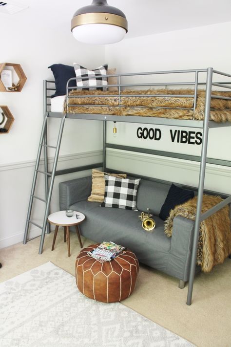 Klippan Sofa, Lofted Dorm Beds, Loft Sofa, Teenage Room Decor, Teenager Bedroom Boy, Teenage Boy Room, City Farmhouse, Boys Room Design, Dorm Room Designs