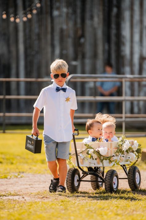 Wedding wagons and ring security sure did blend well on our day! 3 Ring Bearers Boys, Cute Ring Bearer Ideas, Wedding Ring Security, Baby Ring Bearer Ideas, Ring Boy Wedding, Ring Bearer Wagon, Wedding Wagons, Ring Security Wedding, Wagon For Wedding