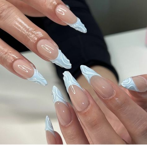 3d Chrome Nails Almond, Wet Nails Design, Irregular French Nails, Almond 3d Nails, Wet Nails Look, 3d French Nails, 3d Chrome Nails, 3d Acrylic Nail Art, Textured Nails