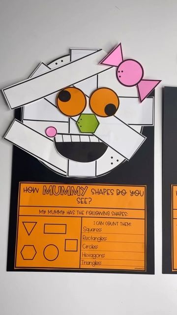 Halloween Boards For Preschool, Halloween Math Ideas For Kindergarten, Fall Shapes Kindergarten, Mummy Halloween Craft, October Cubby Tags Preschool, Halloween Shape Activities, Halloween Bulletin Boards For Preschool, Fall Math Bulletin Boards, Halloween Math Craft First Grade