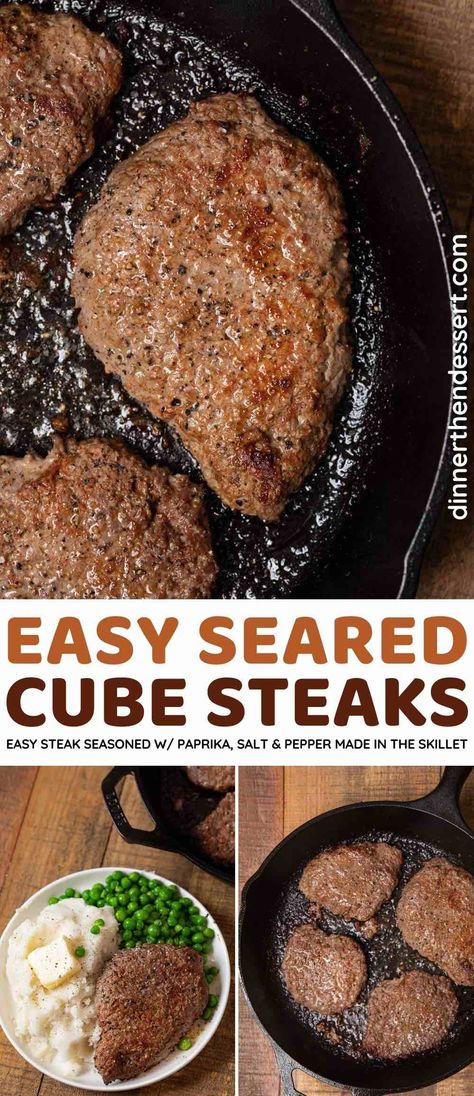 Seared Cube Steaks are probably the easiest steak dinner you'll ever make. Season with paprika, salt, and pepper before simply cooking in the skillet. Whole 30 Cube Steak Recipe, How To Cook Chopped Steak, Recipe For Minute Steak, How To Make Cubed Steak, Pan Seared Cubed Steak, Marinated Cube Steak Recipes, Ways To Make Cube Steak, Chopped Steak Dinner Ideas, Beef Cube Steak Recipes Skillet