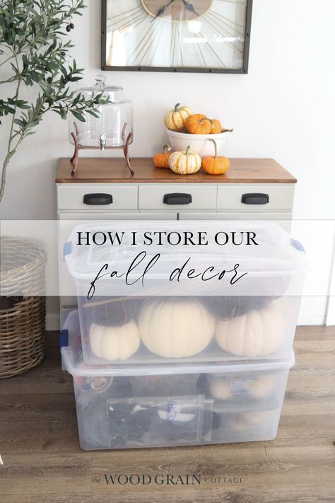 How to store fall decor #falldecor #decor #storingdecor #homedecor Where To Store Seasonal Decor, Storing Seasonal Decor, Seasonal Decor Storage, How To Store Holiday Decorations, Holiday Decor Storage, Storage Holiday Decor, Holiday Decor Storage Organization Ideas, Harvesting And Storing Pumpkins, Fall Window Boxes