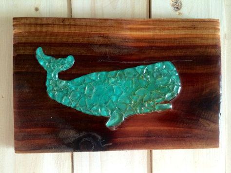 Sea glass art blue Whale nautical sea glass whale mosaic on wood ... Sea Glass Whale, Mosaic On Wood, Mosaic Sea, Beach Resin, Deco Marine, Sea Glass Art Projects, Beach Glass Crafts, Button Craft, Painted Glass Art