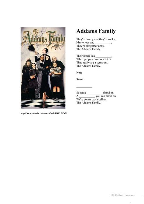 Addams Family Song, Family Song Lyrics, Kindergarten Graduation Songs, Song Worksheet, Graduation Songs, Nursery Rhymes Activities, Games Halloween, Family Worksheet, Halloween Songs