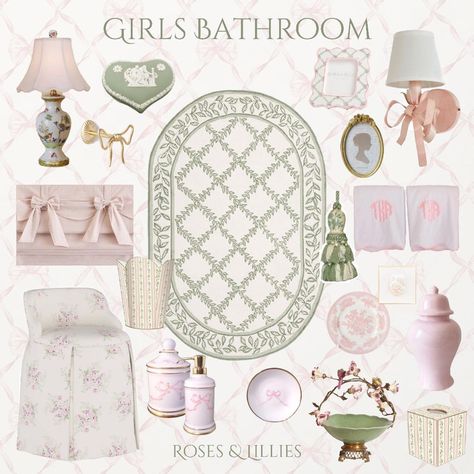 Grandmillennial Bathroom, Toddler Girl Bathroom, Princess Bathroom, Baby Reception, Girl Bathroom Decor, Anna Claire, Girl Bathrooms, Pink Girl Room, Bow Wallpaper