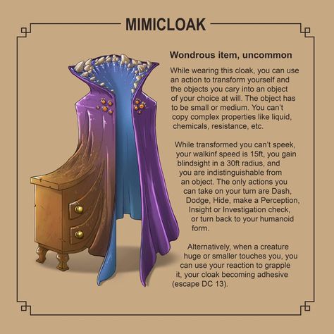 Mimic Armor Dnd, Dnd Item Ideas, Mimic Ideas, Fantasy Items Art, Dnd Items Homebrew, Dnd 5e Magic Items, Dnd Magic Items Homebrew, Magic Items 5e, Dnd Homebrew Items