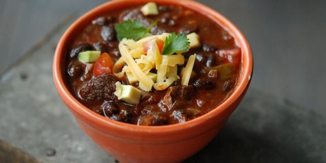 Pork & Black Bean Chili – Andrew Zimmern Chili Recipe With Black Beans, Vegetable Chili, Andrew Zimmern, Black Bean Chili, Dark Beer, Bean Chili, Superbowl Party Food, Soups Stews Chilis, Magazine Recipes