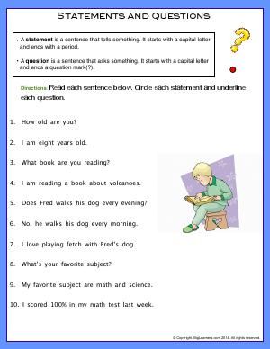 Worksheet | Statements and Questions | Read the sentences. Circle each statement and underline each question. Statements And Questions 2nd Grade, Statement And Question Worksheet, Second Grade English, Teaching Statement, Birbal Stories, Writing Sentences Worksheets, Worksheet For Class 2, Common App Essay, Sentence Activities