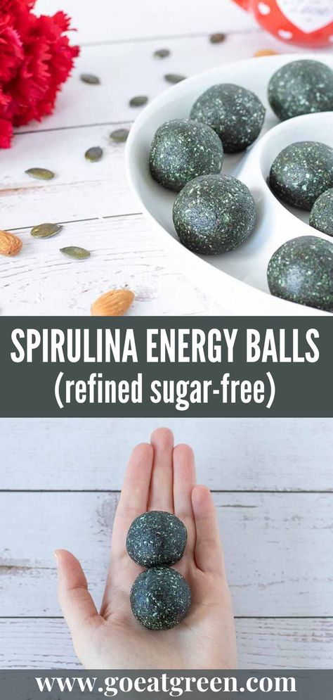 Healthy no-bake spirulina energy balls as a high-protein snack or healthy dessert. No Sugar Snacks, Spirulina Recipes, Vegan Energy Balls, Energy Balls Healthy, Date Balls, I Lost 100 Pounds, Eat Green, Raw Snacks, Energy Ball Recipe