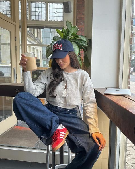 it wasn’t the best idea to pick an iced drink mid winter … | Instagram Red Gazelle, Red Sneakers Outfit, Ideas For Outfits, Red Shoes Outfit, Denim On Denim Outfit, Adidas Outfit Shoes, Cozy Outfits, Oufits Casual, Fall Must Haves