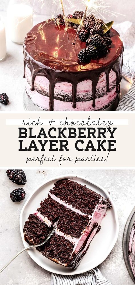 This indulgent blackberry chocolate cake is the perfect balance of sweet, rich, and tart. This moist chocolate cake is covered in blackberry buttercream with homemade blackberry jam spread between each layer. Blackberry And Chocolate Cake, Chocolate Cake With Blackberries, Dark Chocolate Blackberry Cake, Blackberry Birthday Cake, Berry Filling For Cake, Blackberry Chocolate Cake, Chocolate Cake With Fruit, Chocolate Blackberry Cake, Berry Chocolate Cake