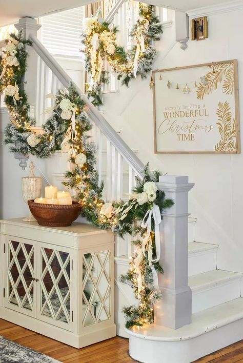 Staircase Garland Christmas, Holiday Staircase, Gold Staircase, Staircase Christmas, Victorian Staircase, Staircase Garland, Staircase Decor Ideas, Christmas Staircase Decor, Light Green Walls