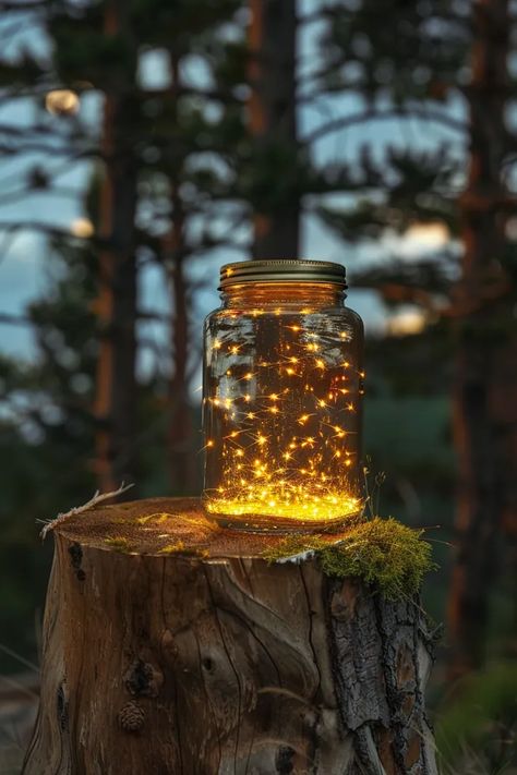 There is a jar on a tree stump in the woods. The jar is filled with fireflies ->> more details in ai-img-gen.com Firefly Jar, Moss Growing, Fireflies In A Jar, Mossy Tree, Old Cabin, Deep Blue Color, Farm Eggs, The Jar, Tree Stump