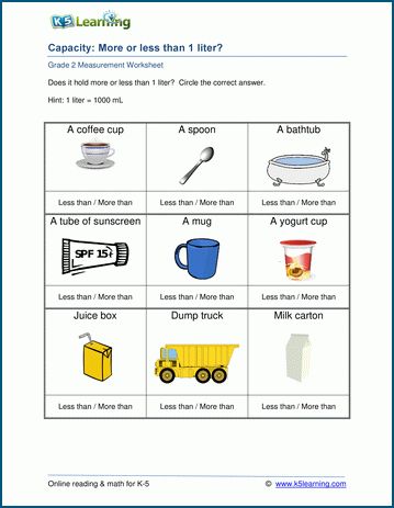 Grade 2 Capacity Worksheets: More or less than 1 liter | K5 Learning Capacity Activities, Worksheets Grade 2, Capacity Worksheets, Worksheet For Class 2, Volume Worksheets, Measurement Worksheets, Measurement Activities, Math Measurement, 2nd Grade Worksheets