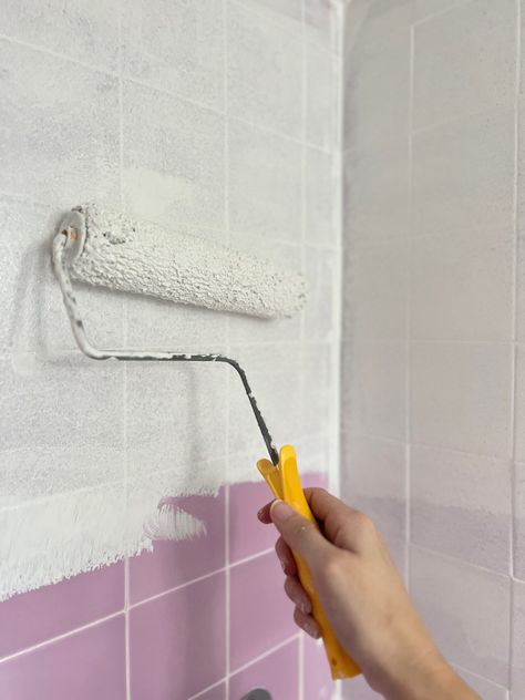 Bathroom Makeover Part 2: How to Paint Shower Tile | Our Aesthetic Abode Tile Update Diy, Painting Old Bathroom Tile, Painted Bathroom Tile Walls, Luxury Bathroom On A Budget, Paint Shower Tile, Bathroom Tile Makeover, Painting Bathroom Tile, Painted Bathroom Tile, Can You Paint Tile