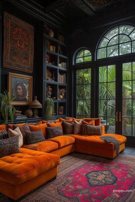 Dramatic Living Room Ideas, Dark Boho Living Room, Maximalist Living Room, Burgundy Walls, Cozy Living Spaces, Basement Remodel, Dream Living, Boho Living, Boho Living Room