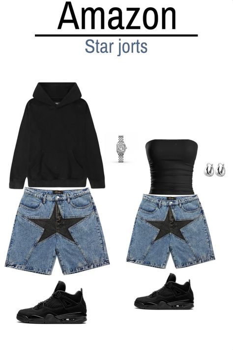 These Star jorts are so cute, trending all over social media! Click on the amazon link and purchase them yourself! I am an affiliate. #jorts #summeroutfit #couplesoutfit #starjorts #blackcats #silver #fashion #beauty #trending #couple #foryoupage Star Shorts Outfit, Jorts Women, Denim Shorts Men, Dreamy Wardrobe, Star Patchwork, Fly Fits, Couples Outfits, Women Denim Shorts, Outfit Combos